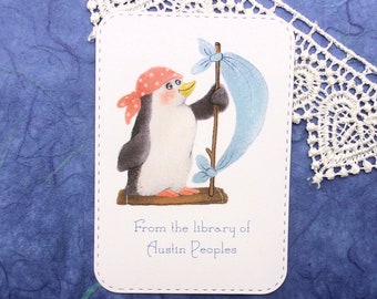 Pirate Penguin Personalized Bookplate - Set of 10 - Adhesive - Peel and stick - Gift under 15  - Sticker - Book Plate - Children - Kids