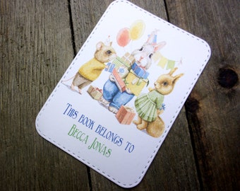 Cute Animal Party Personalized Bookplate - Set of 10 - Adhesive - Peel and stick - Large - kid - Embossed - Sticker - Book Plate - Children