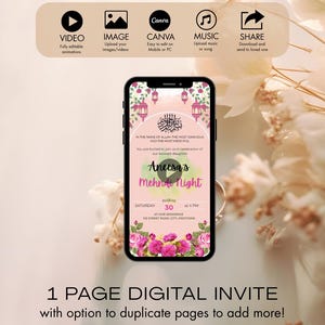 Puede incluir: Una invitación digital para la Noche Mehndi de Aneesa en la pantalla de un smartphone, con diseños florales y de linternas. La invitación incluye detalles del evento y el texto "1 PAGE DIGITAL INVITE". El diseño se establece sobre un fondo floral suave.