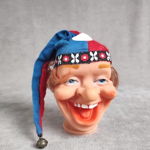 Cabeza de títere de bufón alemán vintage: decoración de exhibición de payaso sonriente