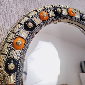 Vintage Persian Mirror Ornate Arched Wall Mirror with Brass Inlay & Coral Accent Handcrafted Middle Eastern Decor Boho Vanity Mirror Unique