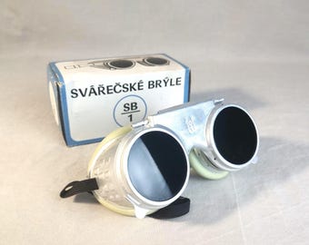 Occhiali da saldatore vintage in metallo: occhiali di sicurezza industriali steampunk, in scatola, Cecoslovacchia