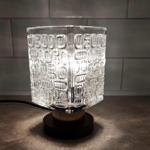Mid-Century Modern Glass Metal Lamp • Vintage Pokrok Cube Light with Wooden Base