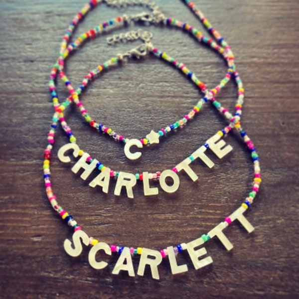 Custom Name Word Necklace, Confetti Rainbow Multicolor Beads, Mother of Pearl Shell Letters, Colorful Necklace, Personalized Jewelry, Gift