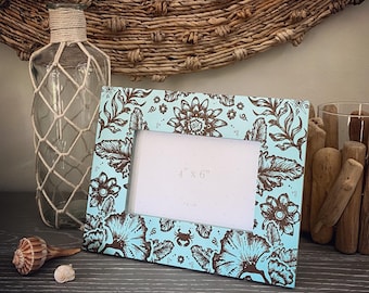 4" x 6" Ocean Nautical Style Turquoise Teal Shimmer Wood Wooden Frame