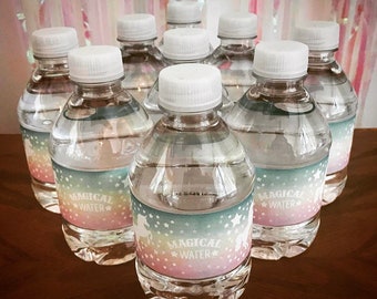Digital Unicorn Water Bottle Labels Pastel Teal Green Pink Birthday Party Labels Ombre Magical Unicorn Party Labels