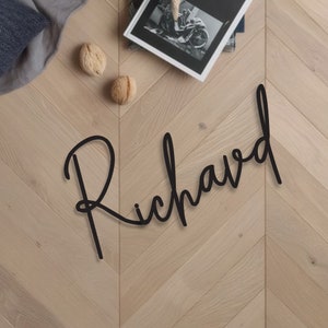Peut inclure: Le nom "Richard" est écrit en cursive sur un fond en bois clair avec un motif en chevron.