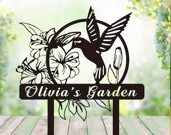 Letrero con nombre de jardinero, letrero de jardín personalizado con estaca, letrero de jardín personalizado con diseño de flores, letrero de jardín de metal de papá, regalo para mujer jardinera