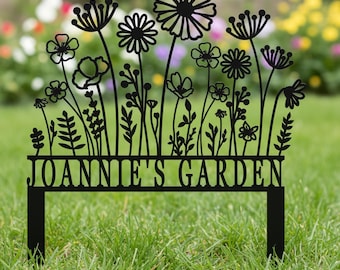 Letrero de jardín personalizado con estaca, letrero con el nombre del jardinero, letrero de jardín personalizado con diseño floral, letrero de jardín de metal para papá, regalo para mujer jardinera