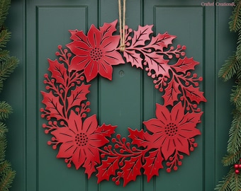 Poinsettia & Holly Metal Wreath,Outdoor Door Hanging Decor,Christmas  Winter Holiday Ornament , Metal Door Sign ,Seasonal Home Wall Decor