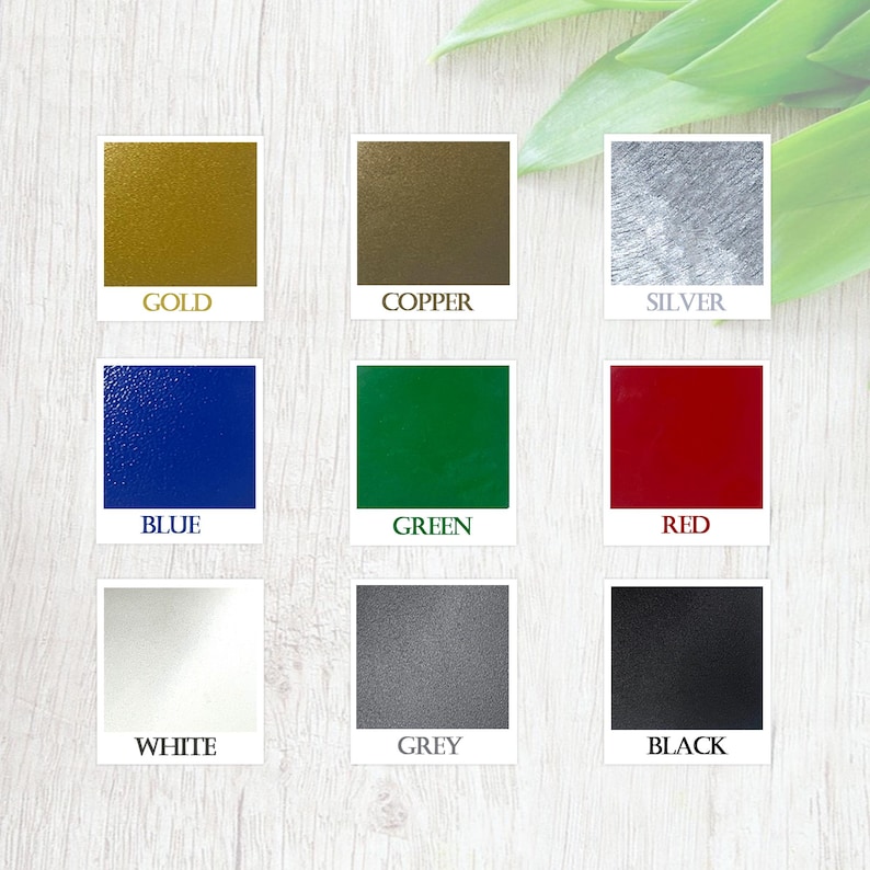 May include: Nine color swatches in a grid format. The colors are gold, copper, silver, blue, green, red, white, grey, and black.