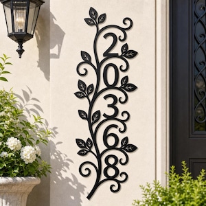 Vertical Vine Leaf Custom House Number Metal Address Sign, Ornate Scroll Branch Leaves Iron Plaque, Elegant Front Entry Exterior Home Decor