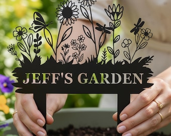 Letrero personalizado para jardín con estacas, Letrero con nombre para jardinero/a, Letrero personalizado con diseño floral para jardín, Letrero metálico para jardín, Regalo para mujer jardinera