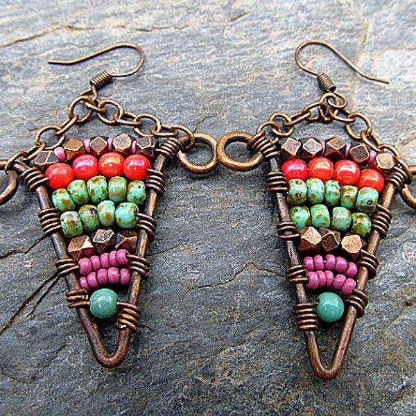 Beaded Wire Wrapped Copper Earrings • Handmade, Tribal, Rustic, Boho, Bohemian, Earthy, Colorful, African Beads, Ethnic, Metalwork