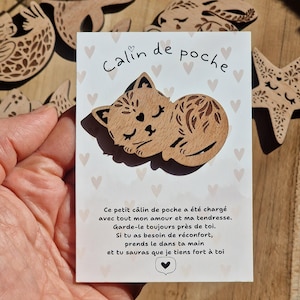 Può includere: Un abbraccio tascabile a forma di gatto in legno su una carta con la scritta "Calin de poche". La carta ha un motivo a cuori rosa chiaro. Altre forme di animali in legno sono visibili.