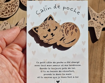 Câlin de Poche animal endormi - Cadeau Mignon en bois Massif - Porte-bonheur Amour - Chat Renard Ourson Lapin Animaux marins - Détachables