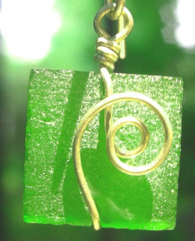 clover green seaglass square earrings with silver spirals image 2