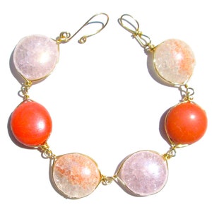 Coral and Pink Crackled Glass Bracelet/ Necklace with Gold image 1