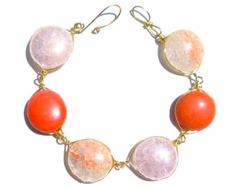 Coral and Pink Crackled Glass Bracelet/ Necklace with Gold