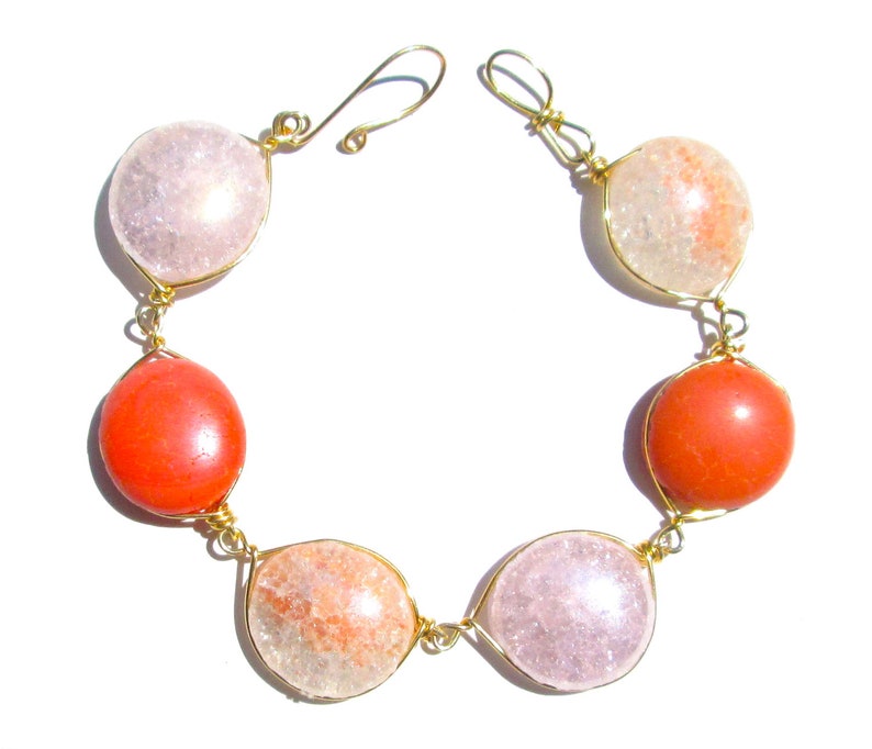 Coral and Pink Crackled Glass Bracelet/ Necklace with Gold image 1