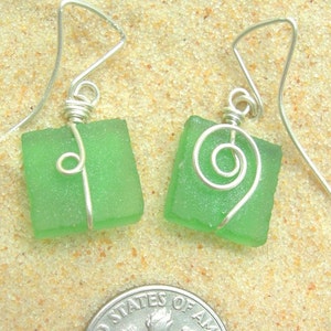 clover green seaglass square earrings with silver spirals image 4