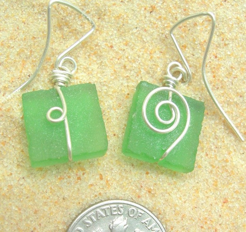 clover green seaglass square earrings with silver spirals image 4