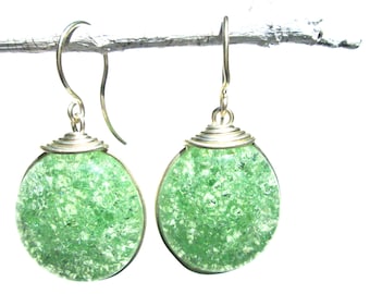 Light green crackled glass earrings with silver