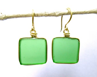 clover green seaglass square earrings with silver