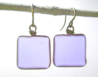 lilac seaglass square earrings with silver