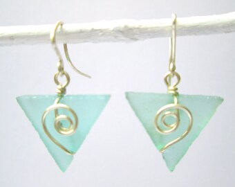 azure baby triangle seaglass earrings with silver spirals
