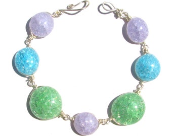 Lilas, Lt Bleu et Lt Vert Bracelet / Collier en Verre Crépitant