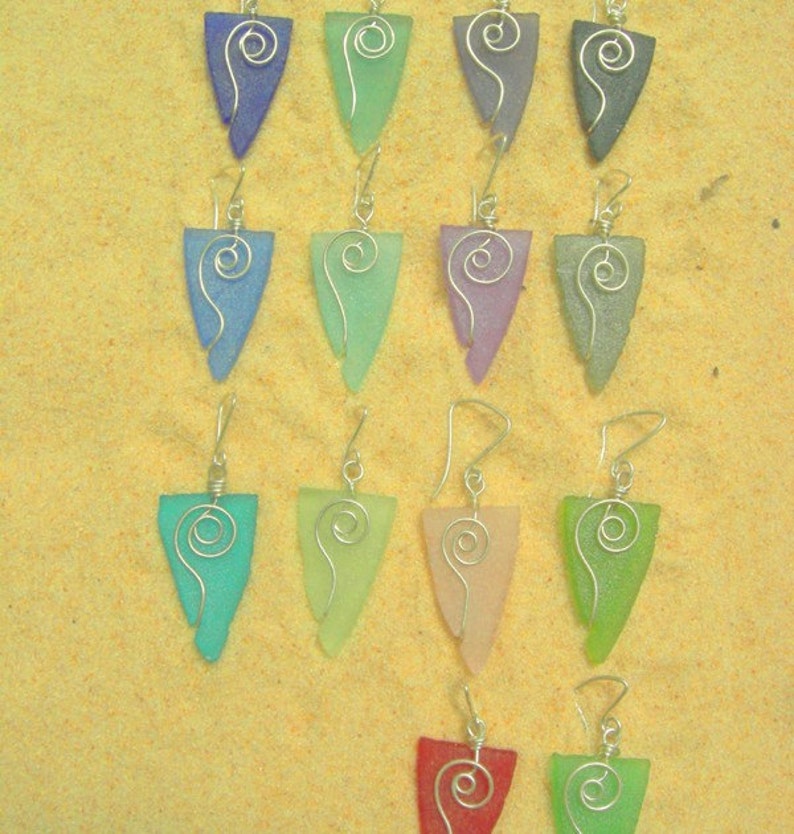 seaglass earrings, periwinkle triangle with spiral in silver image 4