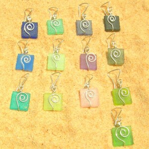 clover green seaglass square earrings with silver spirals image 5