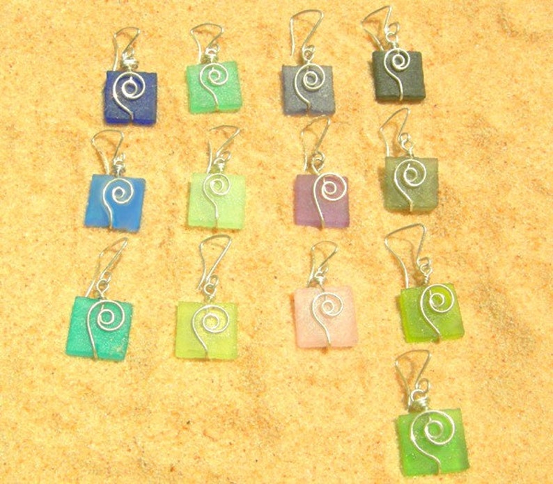 clover green seaglass square earrings with silver spirals image 5