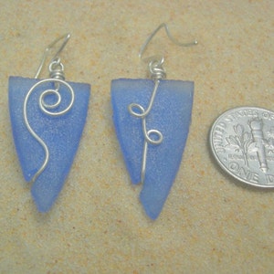 seaglass earrings, periwinkle triangle with spiral in silver image 3