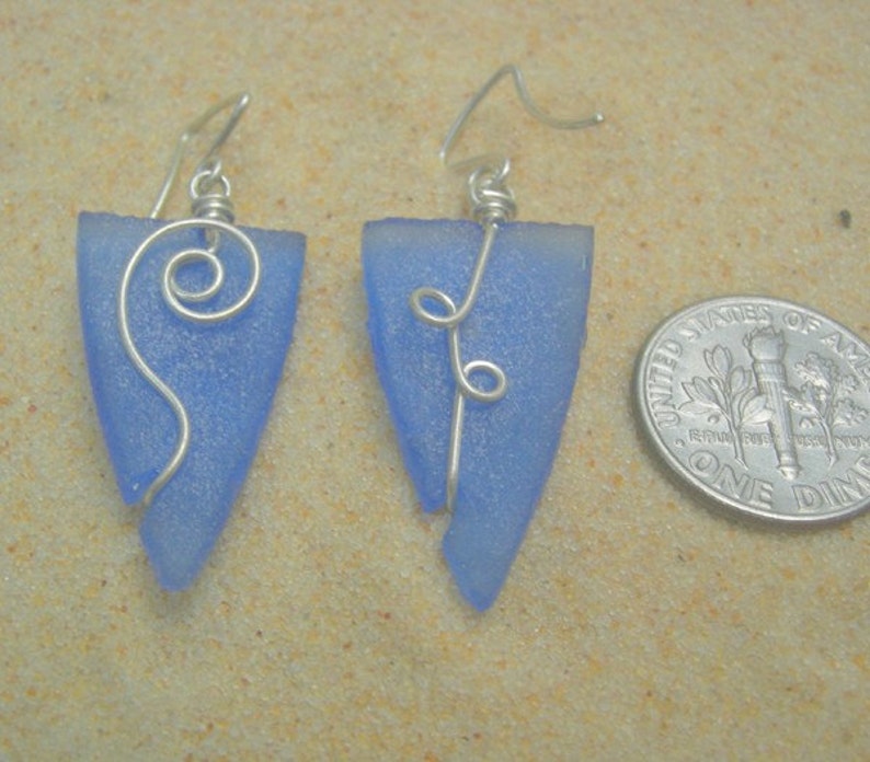 seaglass earrings, periwinkle triangle with spiral in silver image 3