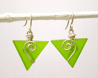 lime green seaglass baby triangle earrings with spiral