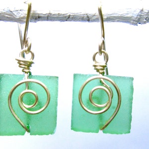 clover green seaglass square earrings with silver spirals image 1