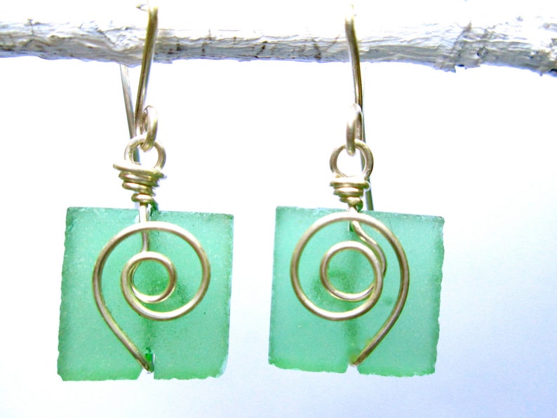 clover green seaglass square earrings with silver spirals image 1