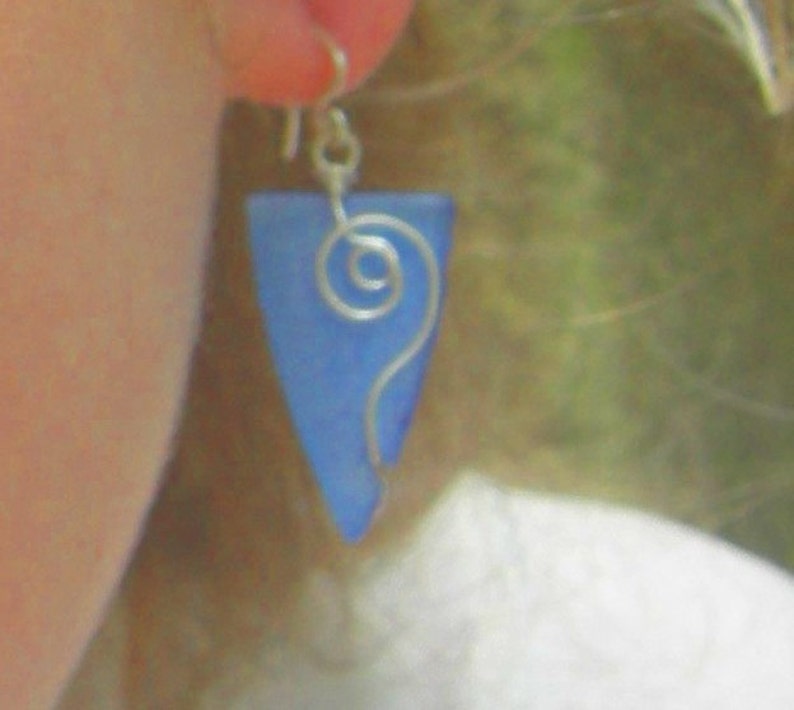 seaglass earrings, periwinkle triangle with spiral in silver image 2