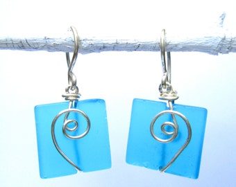 turquoise seaglass earrings with silver spiral