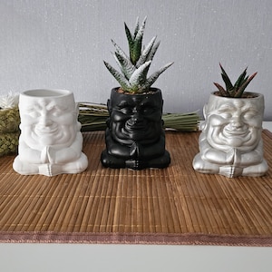 Könnte beinhalten: Drei kleine, lächelnde Buddha-förmige Pflanzgefäße in Weiß, Schwarz und Silber, jedes mit einer kleinen Sukkulentenpflanze.
