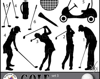 GOLF set 3 - with 11 digital clipart graphics PNG files silhouettes club players golfers tee golf bag ball cart [ Instant Download ]