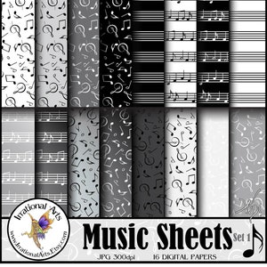 May include: A collection of 16 digital music sheets with various designs. The sheets feature musical notes and staves in black, white, and gray patterns. The text "Music Sheets Set 1" is displayed at the bottom, along with the Irrational Arts logo.