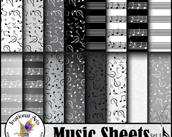 Music Sheets set 1 - with 16 digital scrapbooking papers with music notes and sheet music in black and white with greys {Instant Download}