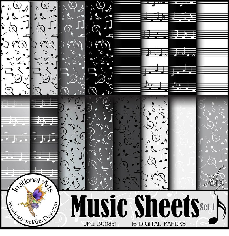 Music Sheets set 1 with 16 digital scrapbooking papers with music notes and sheet music in black and white with greys Instant Download image 1