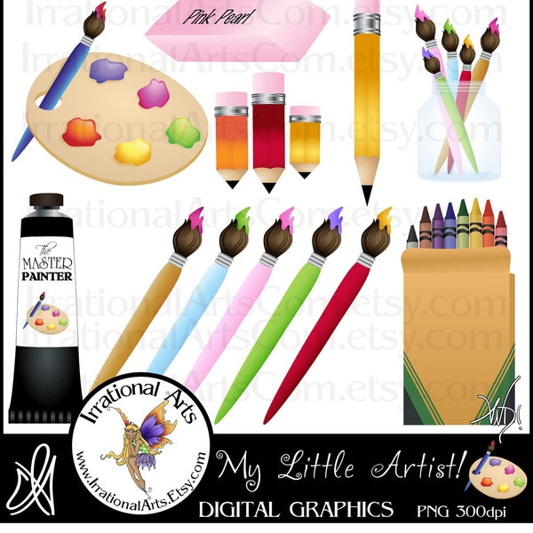 My Little Artist - digital clipart graphics of art supplies like paint palette, crayons, pencils, paintbrush {Instant Download}