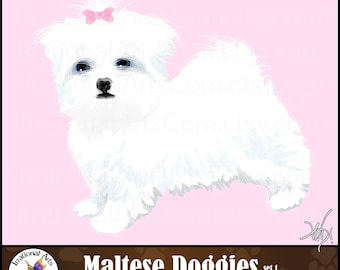 Maltese Doggie Clipart - with 1 PNG digital clipart graphic - gorgeous full color dog with bow [ INSTANT DOWNLOAD ]