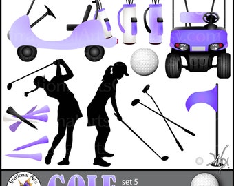 Golf WOMEN digital clip art graphics 11 PNG files PURPLE Golf carts silhouettes club ball tees flag woman golf silhouette Instant Download