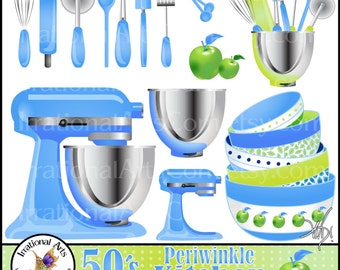 50's Periwinkle Kitsch Set 1 Kitchen - 16 PNG digital clipart files baking supplies: whisk, stand mixer, acid apple, {Instant Download}